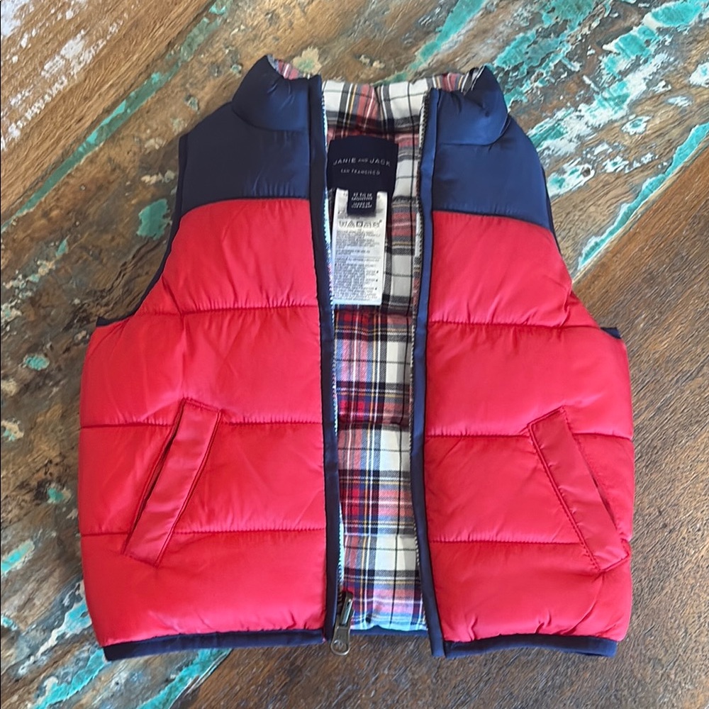 Janie and Jack Kids Red Puffer Vest with Navy Accent